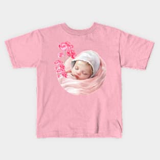 Cute Girl Baby Girl With Pink Wild Flowers . Kids T-Shirt